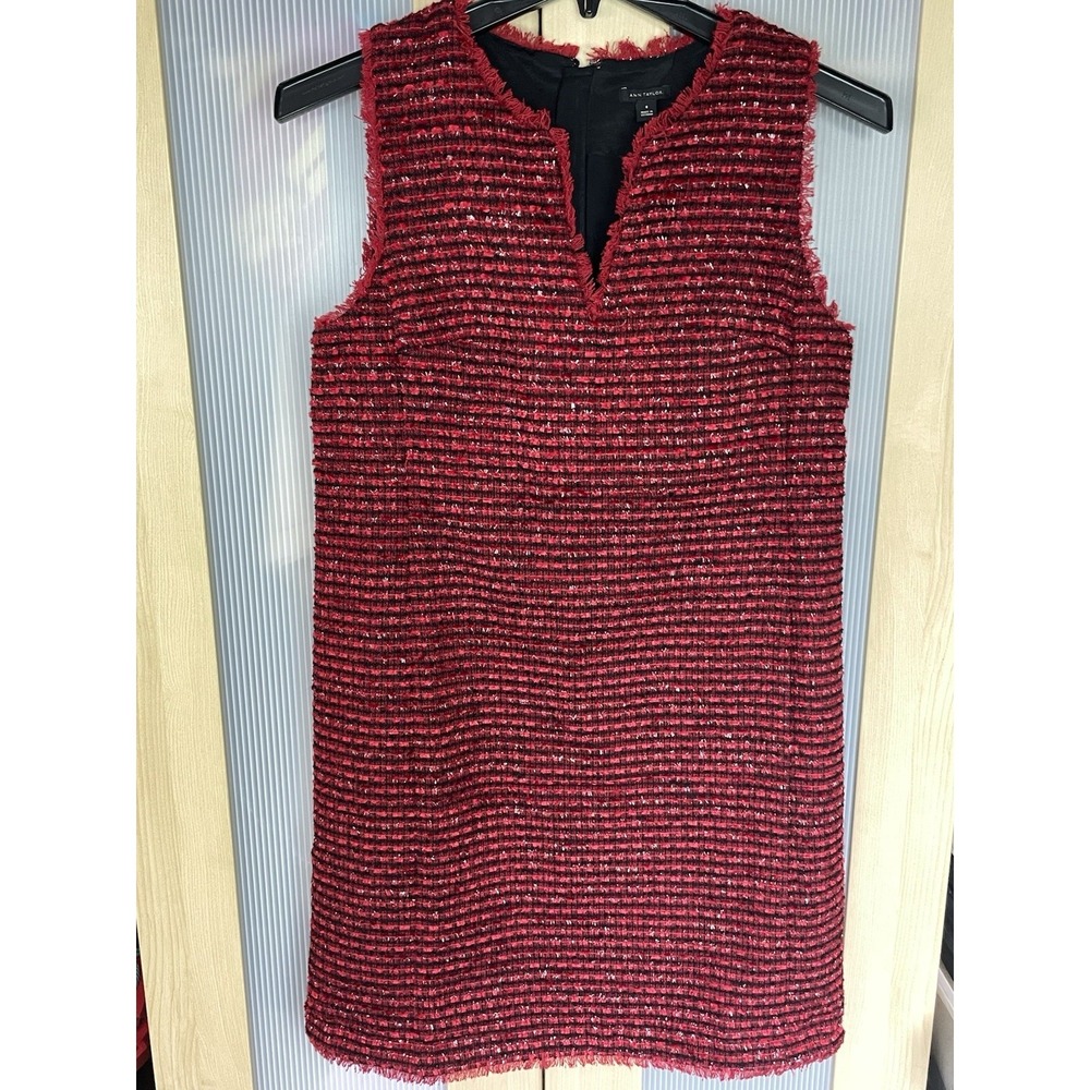 Ann Taylor Women's Dress Sleeveless Tweed Shift Sz 8 Red Party Career Preppy